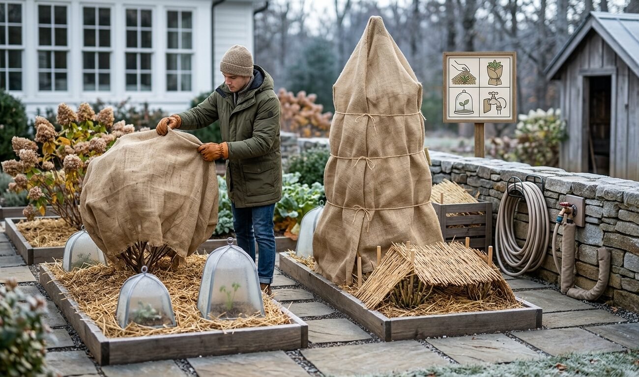 Chico prepara el jardín para el invierno