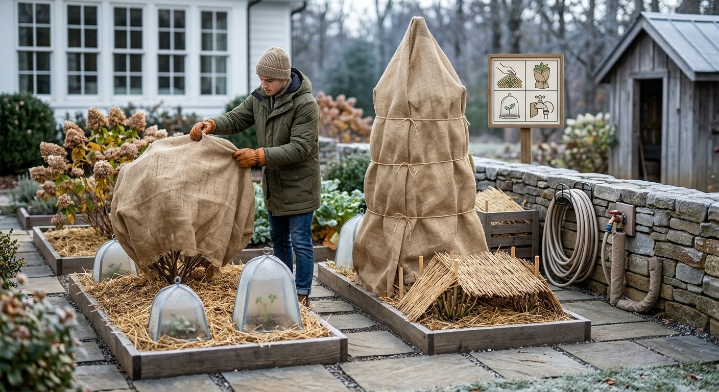 Chico prepara el jardín para el invierno
