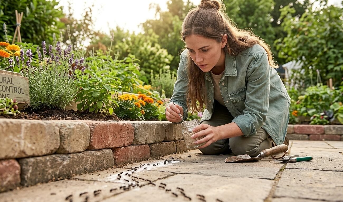 Chica elimina hormigas del jardín