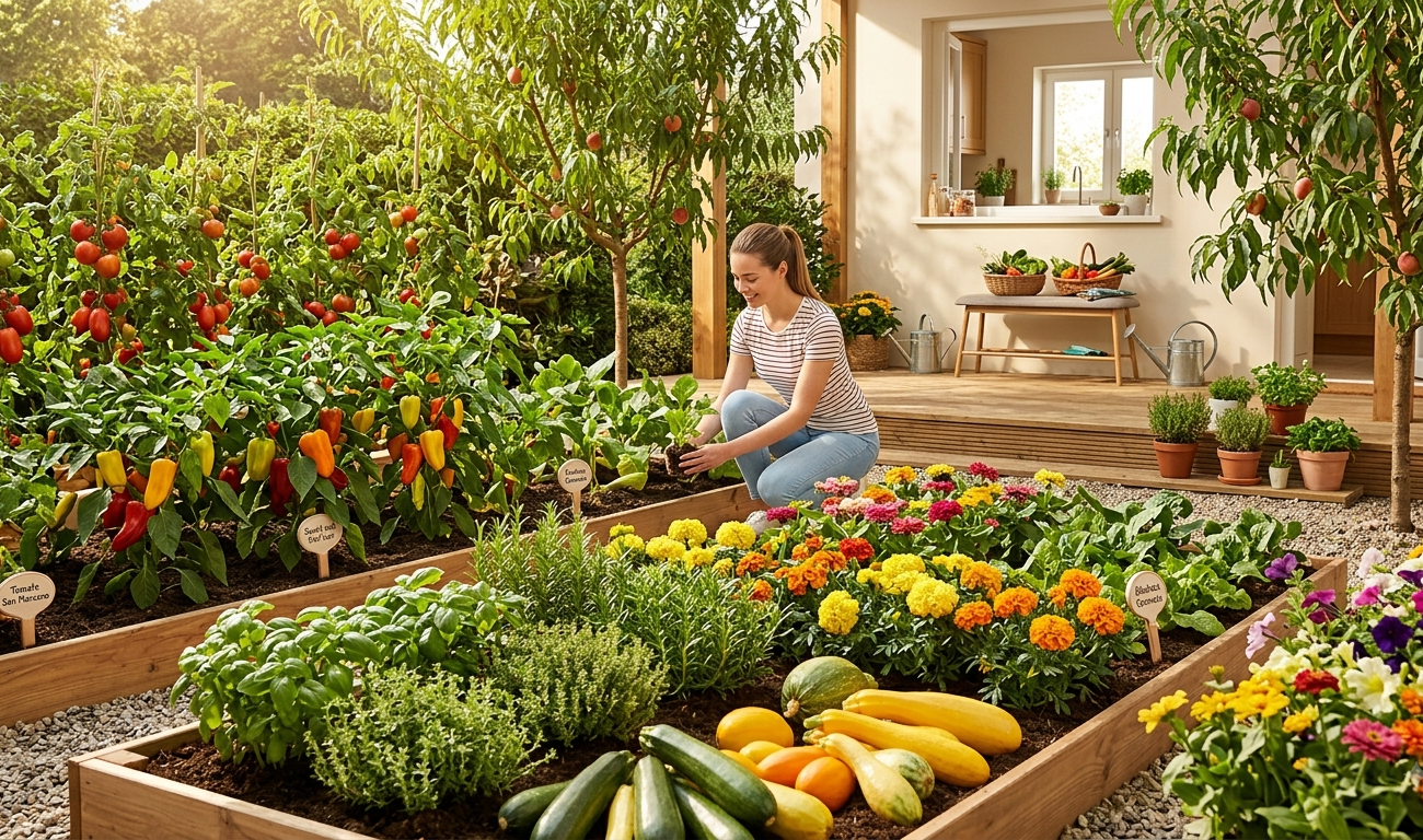 Chica plantando plantas en un jardín en verano