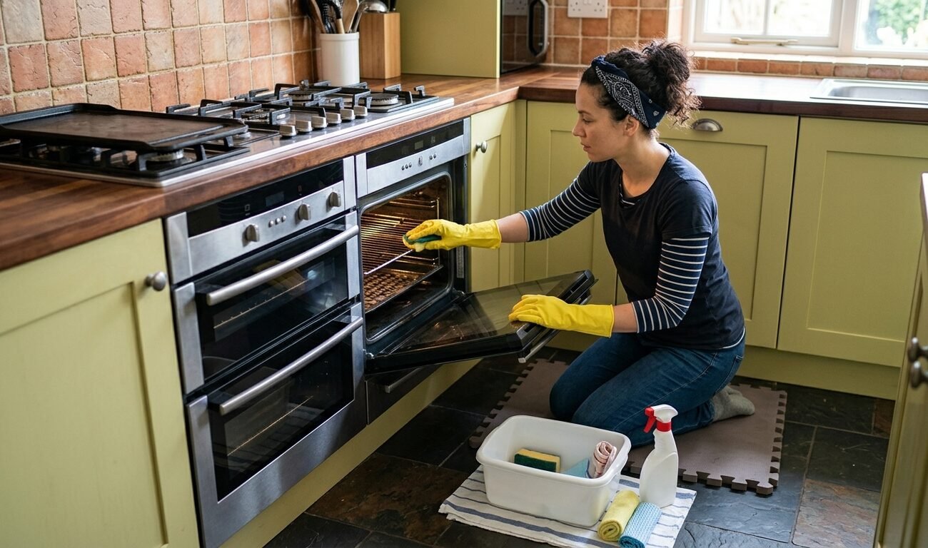 Chica enseñando como limpiar un horno por dentro