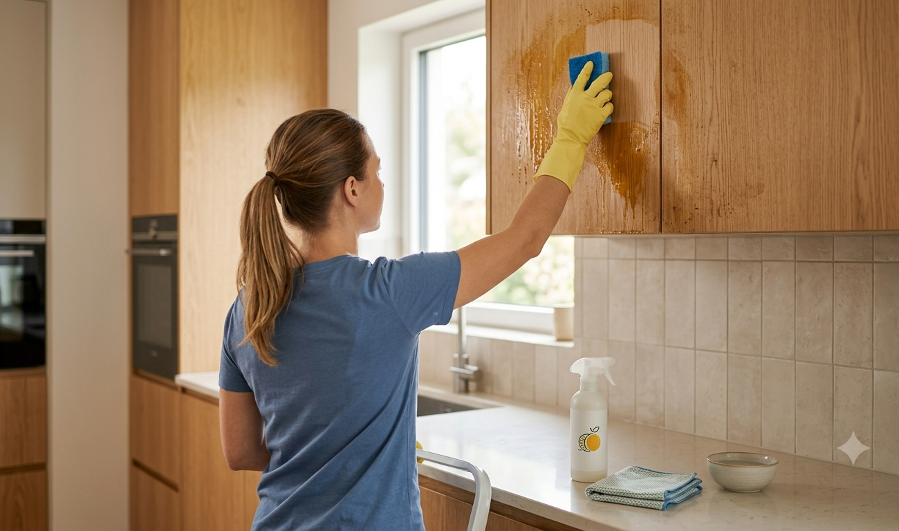 Chica limpiando una cocina