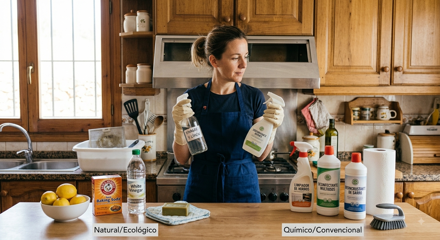 Chica enseñando productos naturales y químicos para limpiar la casa