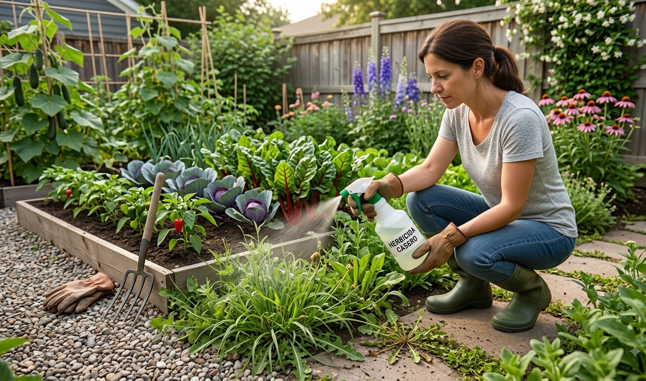 Chica de rodillas echando herbicida a las plantas del jardín