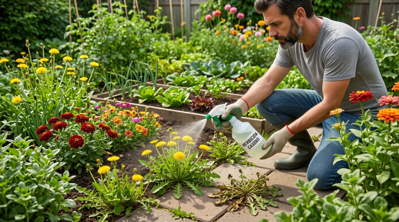 Chico de rodillas echando herbicida a las plantas del jardín