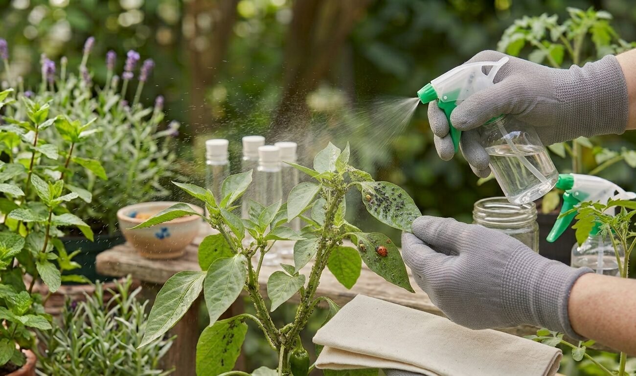 Chico eliminando pulgones de plantas