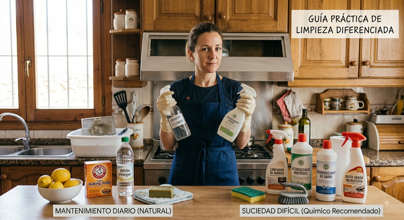 Chica enseñando productos de limpieza naturas y químicos