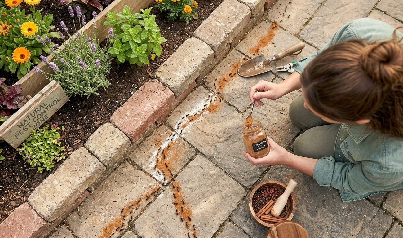 Chica elimina hormigas del jardín