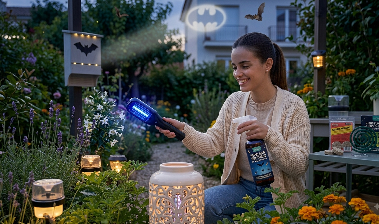 Chica eliminando mosquitos del jardín de noche