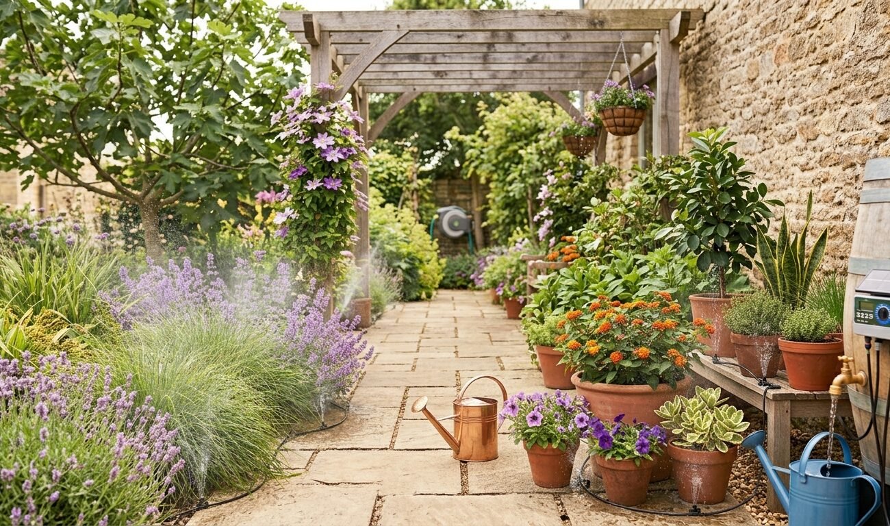 Señora enseñando como regar las plantas del jardín en verano