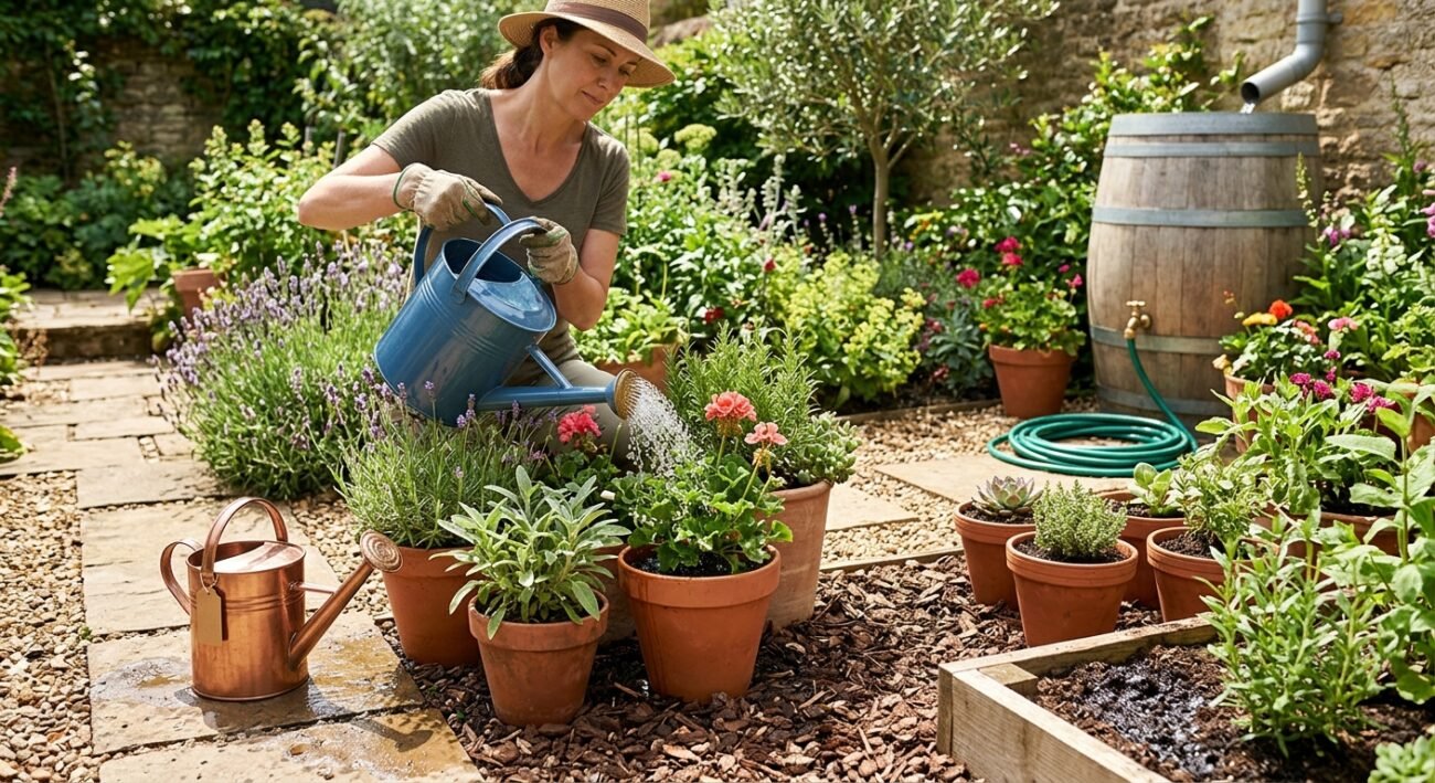Señora enseñando como regar las plantas del jardín en verano