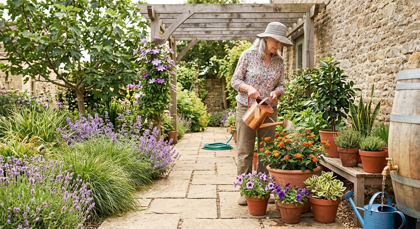 Señora enseñando como regar las plantas del jardín en verano