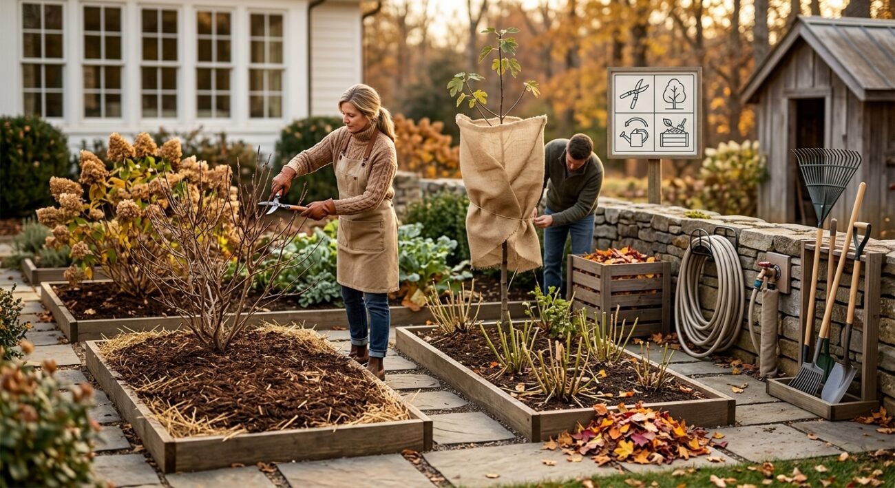 Chicos preparan el jardín para el invierno