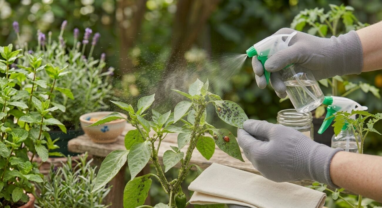 Chico eliminando pulgones de plantas