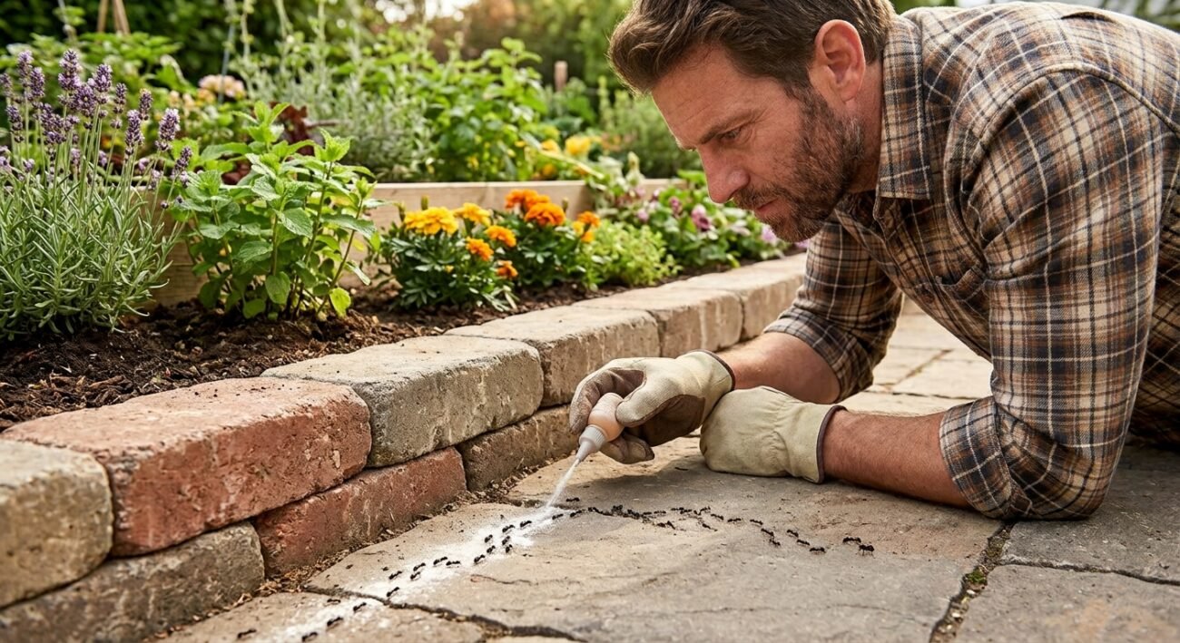 Chico elimina hormigas del jardín