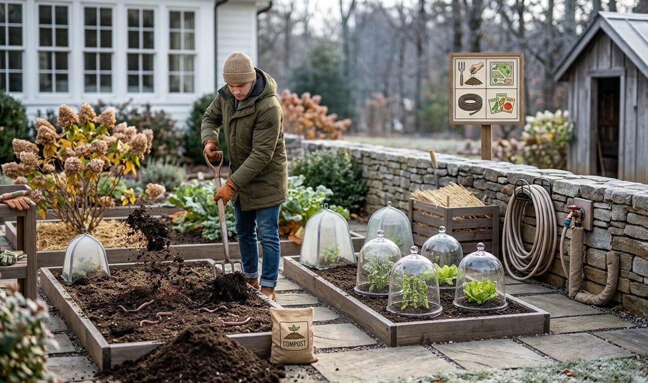Chico prepara el jardín para el invierno
