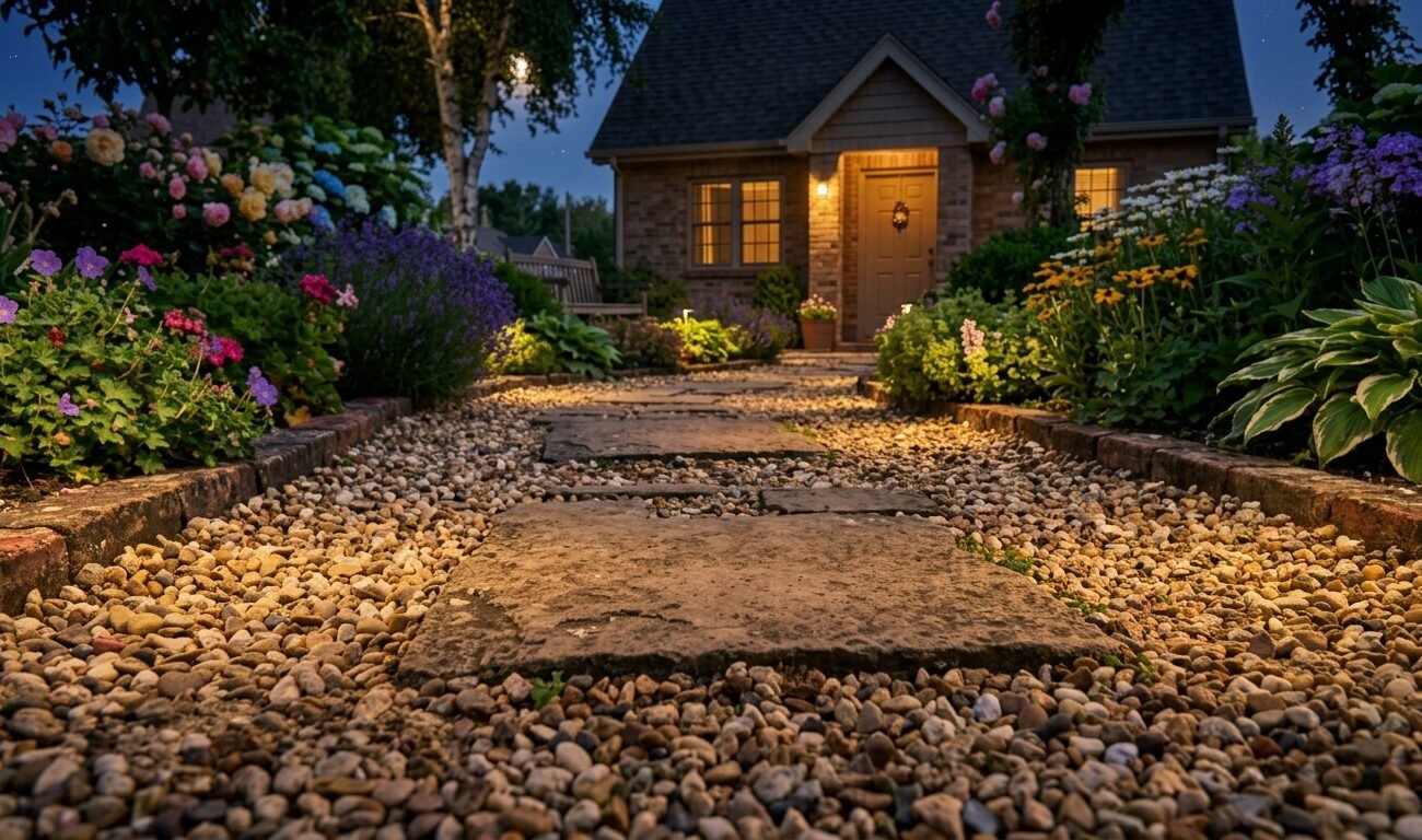 sendero en un jardín de noche