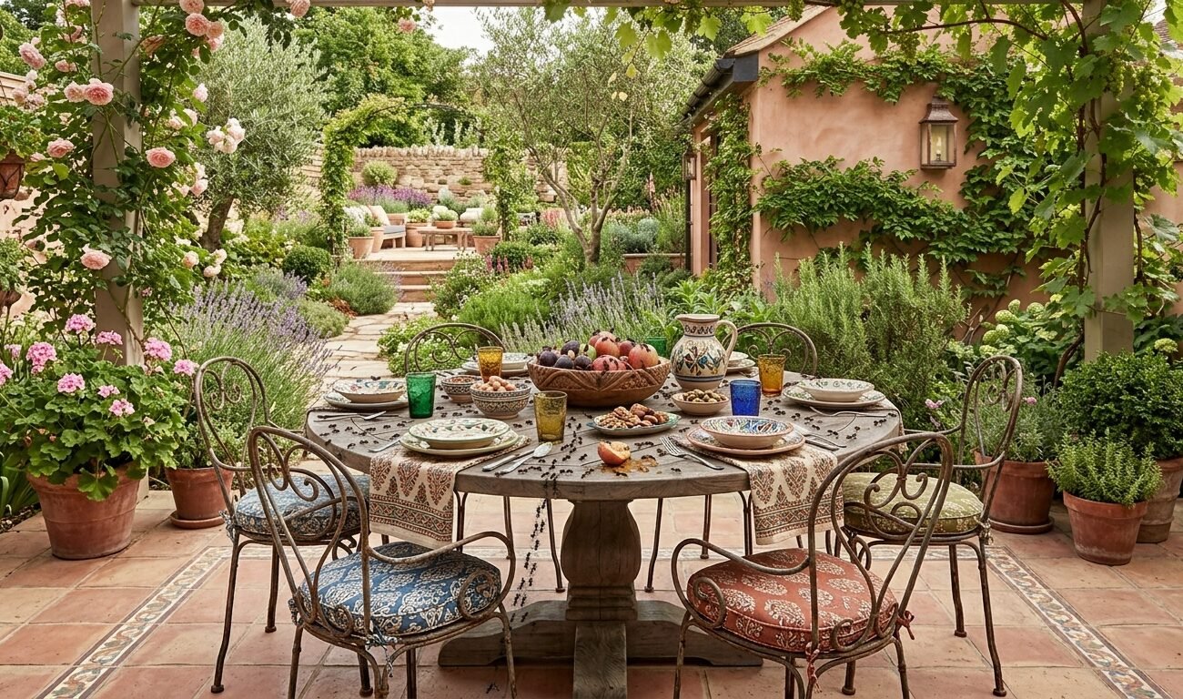 mesa con hormigas para comer fuera en el jardín