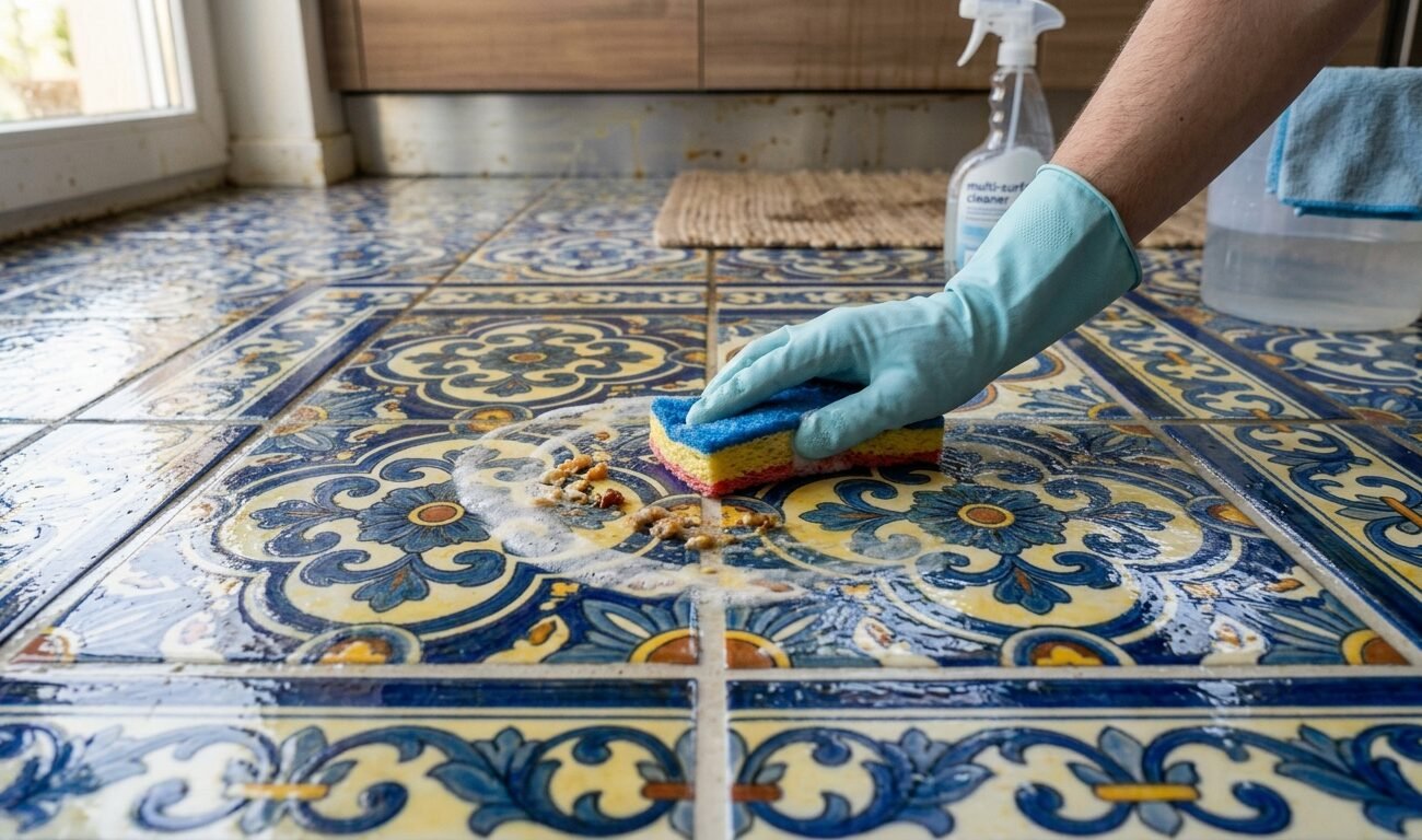 limpiando los azulejos de la cocina