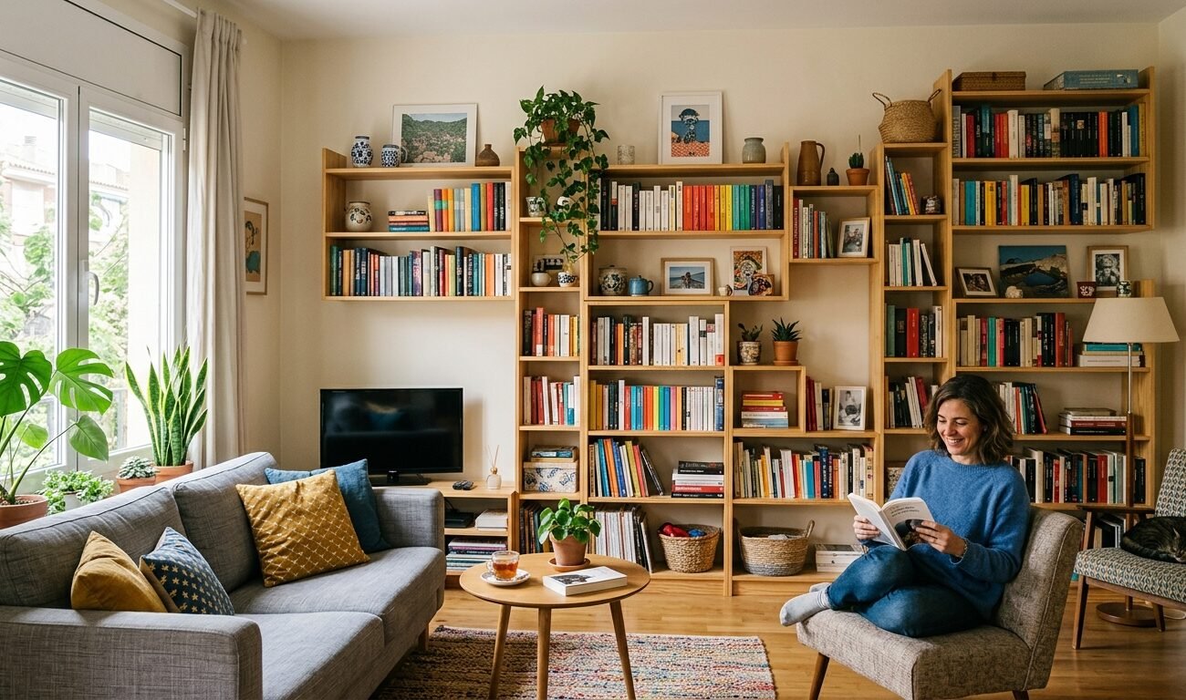 decorar las estanterías del salón con niveles
