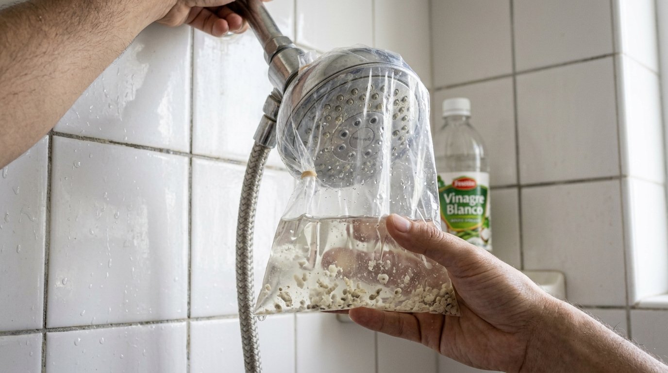 alcachofa de la ducha llena de cal limpiándola con vinagre